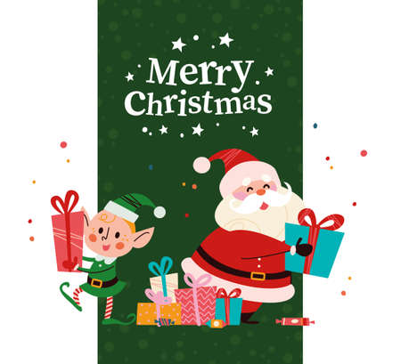 Christmas banner with cute happy winter Santa Claus, elf character, gifts and text Merry Christmas greeting on green background. Vector flat illustration. For cards, packaging, web.のイラスト素材