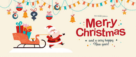 Merry Christmas and Happy New year congratulation card with funny Santa Claus character drag sleigh full of gifts, fir tree toys and garlands hang. Vector flat illustration for banner, invitation.のイラスト素材