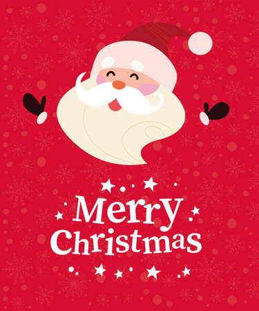 Christmas banner with cute happy winter Santa Claus character and text Merry Christmas greeting on red snowy background. Vector flat illustration. For cards, packaging, web, invitation.のイラスト素材