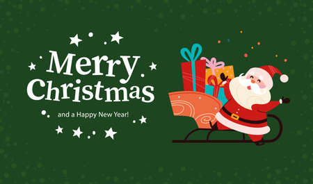 Christmas banner with cute happy Santa Claus character, sleigh full of presents, text Merry Christmas greeting on green snowy background. Vector flat illustration. For card, package, web, invitation.のイラスト素材
