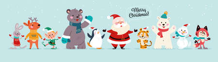 Christmas banner with cute happy winter characters. Santa Claus, elf, snowman, penguin, fox, tiger, deer, polar bear isolated. Vector flat cartoon illustration. For cards, packaging, web, invitation.のイラスト素材