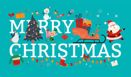 Merry Christmas and New year trendy composition with decorated fir tree, Santa Claus, xmas elf character, decor elements. Vector flat cartoon illustration. For banner, packaging, card, invitation.のイラスト素材