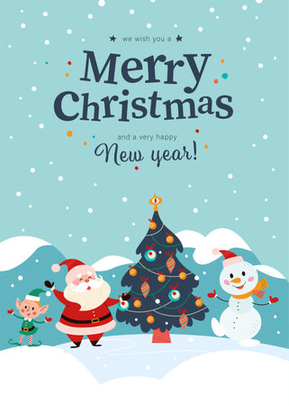 Winter holiday illustration with cute elf and Santa characters at xmas fir tree on snowy mountain landscape. Vector cartoon flat concept. For card, package, banner, invitation, flayer.のイラスト素材