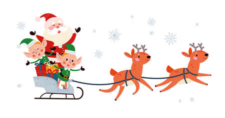Winter Merry Christmas holiday illustration with funny Santa Claus character and his reindeer sleigh fly isolated. Vector flat cartoon illustration. For card, banner, flayer, invitation, poster.のイラスト素材