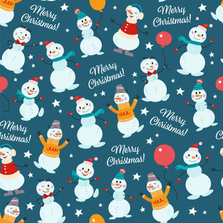 Seamless pattern with funny different snowman characters in hat, sweater, bow tie with balloon, hand writing isolated. For Christmas card, invitation, packaging paper. Vector flat cartoon illustrationのイラスト素材