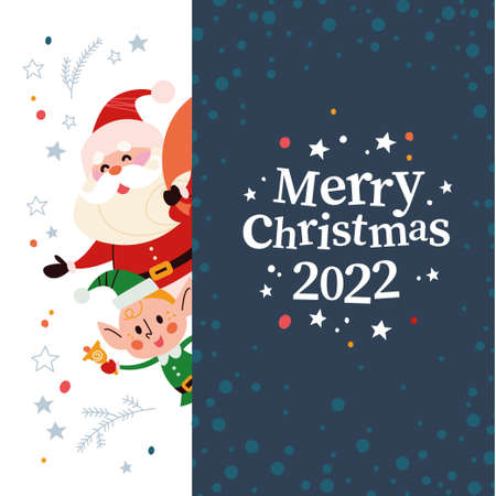 Christmas banner with cute happy winter Santa Claus, elf character, gifts and text Merry Christmas greeting on dark background. Vector flat illustration. For cards, packaging, web.のイラスト素材
