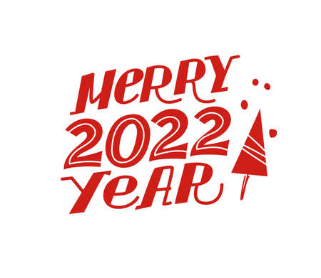 Merry 2022 year lettering congratulation design with xmas tree icon isolated. Vector flat illustration. For cards, banners, prints, packaging, invitations, tags.のイラスト素材