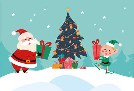 Winter holiday illustration with cute Santa Claus and elf characters at decorated xmas fir tree on snowy mountain landscape. Vector cartoon flat concept. For card, package, banner, invitation.のイラスト素材