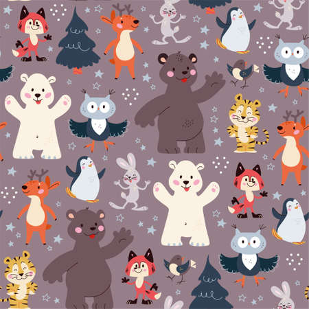 Seamless pattern with funny animals polar bear, penguin, owl, rabbit characters and fir trees isolated. For Christmas cards, invitations, packaging paper etc. Vector flat cartoon illustration.のイラスト素材