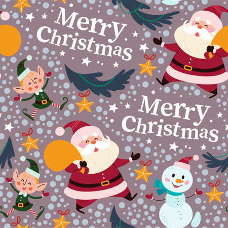 Seamless pattern with Santa Claus, snowman and happy elves characters in hats, fir tree branches, stars decor. For Christmas cards, invitations, packaging paper etc. Vector flat cartoon illustration.のイラスト素材