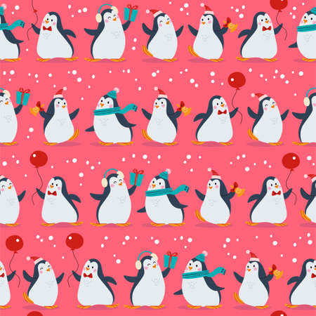Seamless pattern with funny different penguin characters in hats with balloons isolated. For Christmas cards, invitations, packaging paper etc. Vector flat cartoon illustration.のイラスト素材
