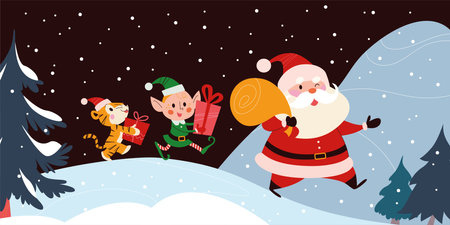 Winter holiday night illustration with cute tiger, elf and Santa Claus characters walking on snowy forest mountain landscape. Vector cartoon flat concept. For card, package, banner, invitation.のイラスト素材