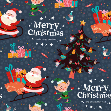 Seamless pattern with funny Santa Claus and elf characters, gifts, fir tree, text congratulation. For Christmas cards, invitations, packaging paper etc. Vector flat cartoon illustration.のイラスト素材
