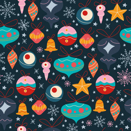 Seamless pattern with different fir tree decoration toys, bells and balls, abstract snowflakes and stars isolated. For Christmas cards, invitations, packaging paper. Vector flat cartoon illustration.のイラスト素材