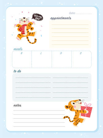 Daily planner page design template, calendar for children. Cute hand drawn little tigers characters. To do list flat lay, pastel colors. Time management equipment. Vector illustration.のイラスト素材