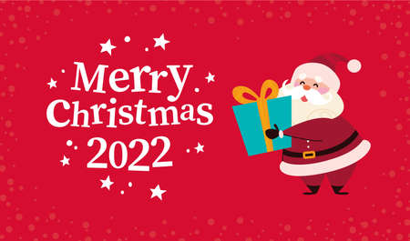Christmas banner with cute happy winter Santa Claus character hold gift box and text Merry Christmas greeting on red snowy background. Vector flat illustration. For cards, packaging, web, invitation.のイラスト素材