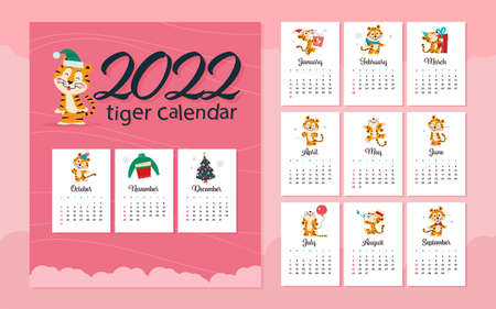 2022 new year creative monthly calendar for kids with cute funny tigers animals characters design template. Vector flat simple illustration.のイラスト素材