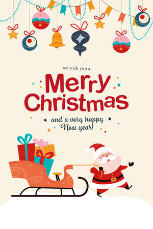 Merry Christmas and Happy New year congratulation card with funny Santa Claus character drag sleigh full of gifts, fir tree toys and garlands hang. Vector flat illustration for banner, invitation.のイラスト素材
