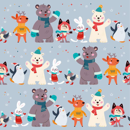 Seamless pattern with funny polar bear, penguin, fox, deer and rabbit animal characters in hats, scarfs, sweaters. For Christmas cards, invitations, packaging paper. Vector flat cartoon illustration.のイラスト素材