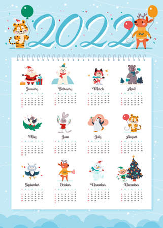 2022 new year creative monthly calendar for kids with cute funny animals characters design template. Vector flat simple hand drawn illustrations.のイラスト素材