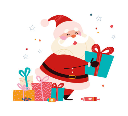 Funny cute Santa Claus character with pile of gift boxes isolated. Vector flat cartoon illustration. For Christmas cards, banners, stickers, tags, patterns etc.のイラスト素材