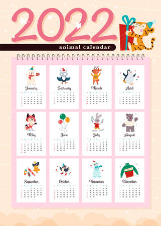 2022 new year creative monthly calendar for kids with cute funny animals characters design template. Vector flat simple hand drawn illustrations.のイラスト素材