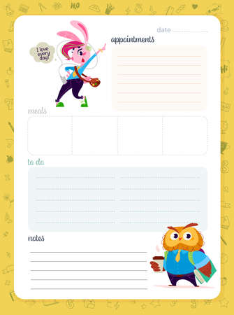 Daily planner page design template, calendar for children. Cute little animal students, bunny and owl characters with backpacks, school line hand drawn icons. To do list. Vector flat illustration.のイラスト素材