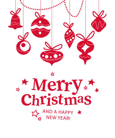 Merry Christmas banner with congratulation text and xmas fir tree balls, toys, baubles icons hang ornament isolated. Vector flat illustration. For cards, banners, prints, packaging, invitationsのイラスト素材