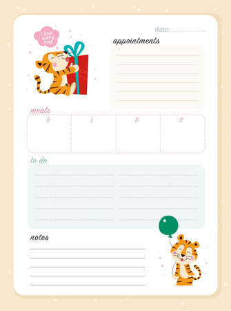 Daily planner page design template, calendar for children. Cute hand drawn little tigers characters. To do list flat lay, pastel colors. Time management equipment. Vector illustration.のイラスト素材