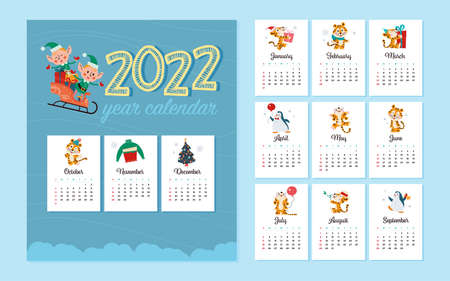 2022 new year creative monthly calendar for kids with cute funny tigers animals, penguins, elf characters design template. Vector flat simple illustration.のイラスト素材