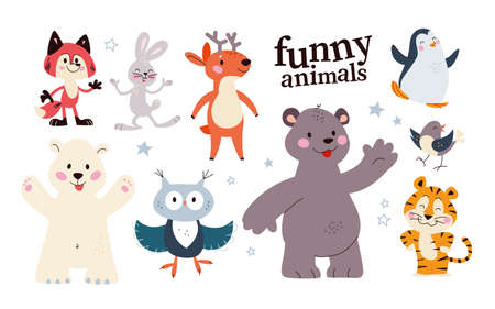 Set of cute animal characters fox, polar bear, penguin, deer, owl isolated. Vector flat cartoon illustration. Scandinavian style. For children cards, patterns, banners, prints, packaging.のイラスト素材