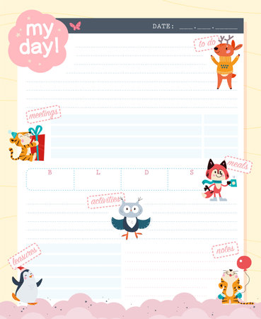 Daily planner page design template, calendar for children. Cute hand drawn little tigers, fox, penguin characters. To do list flat lay, pastel colors. Time management equipment. Vector illustration.のイラスト素材