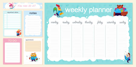 Set of weekly & daily planner page design template for children calendar. Cute hand drawn school animal character. School doodle icons collection. Vector flat illustration.のイラスト素材