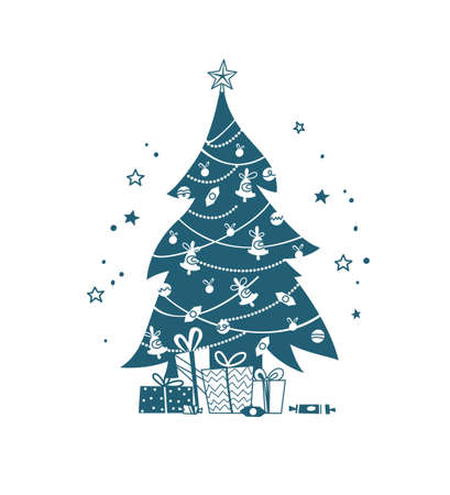 Merry Christmas decorated fir tree silhouette with gift boxes and presents isolated. Vector flat illustration. For cards, banners, prints, packaging, invitations.のイラスト素材