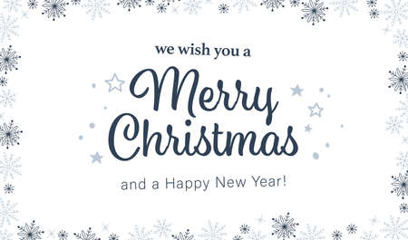 Merry Christmas banner with congratulation text and xmas snowflake icons ornament frame isolated. Vector flat illustration. For cards, banners, prints, packaging, invitations.のイラスト素材