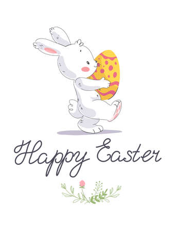 Easter congratulation card with cute white bunny, holiday hand written congratulation and Easter egg isolated. Vector flat hand drawn cartoon illustration. For prints, banners, invitations, packaging.のイラスト素材