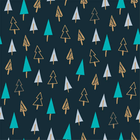Merry Christmas seamless pattern design with different fir trees and pine icons. Vector flat...