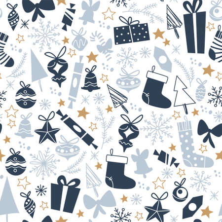 Merry Christmas seamless pattern design with gifts, fir trees, toys, snowflakes. Vector flat...