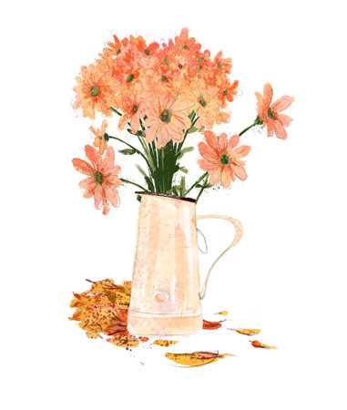Artistic hand drawn watercolor illustration of autumn flowers in vase stand on fallen leaves isolated. For cards, posters, prints, web design.の写真素材