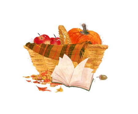 Artistic hand drawn watercolor autumn illustration of basket, plaid, open book, pumpkin isolated. For cards, posters, prints, web design.の写真素材