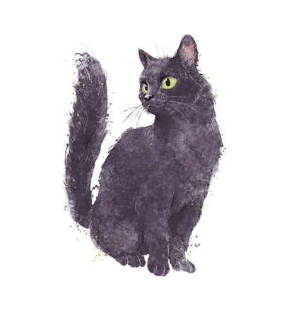 Artistic hand drawn watercolor illustration of cute black cat sitting isolated. For cards, posters, prints, web design.の写真素材