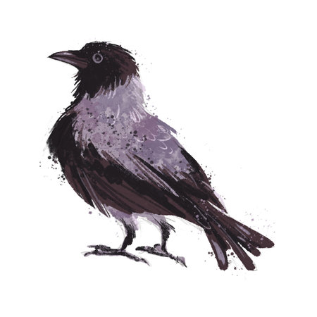 Artistic hand drawn watercolor illustration of black crow isolated. For cards, posters, prints, web design.の写真素材