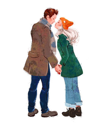 Artistic hand drawn watercolor illustration of young loving couple kissing isolated. For cards, posters, prints, web design.の写真素材