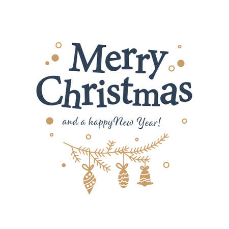 Merry Christmas congratulation design with text greeting and gold fir tree branch and hanging toys isolated. Vector flat illustration. For cards, banners, prints, packaging, invitations, tags.のイラスト素材