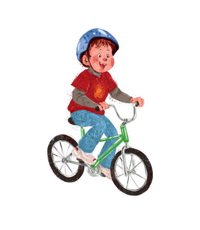 Artistic hand drawn watercolor illustration of happy young boy in helmet riding a bike isolated. For cards, posters, prints, web design.の写真素材