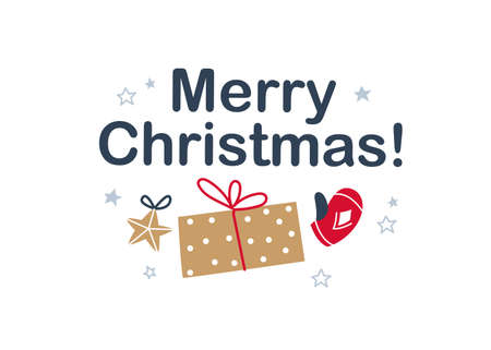 Merry Christmas congratulation design with star toy, gift box and winter glove isolated. Vector flat illustration. For cards, banners, prints, packaging, invitations, tags.のイラスト素材