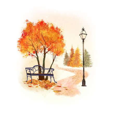 Artistic hand drawn watercolor landscape illustration of bench in the autumn park isolated. For cards, posters, prints, web design.の写真素材