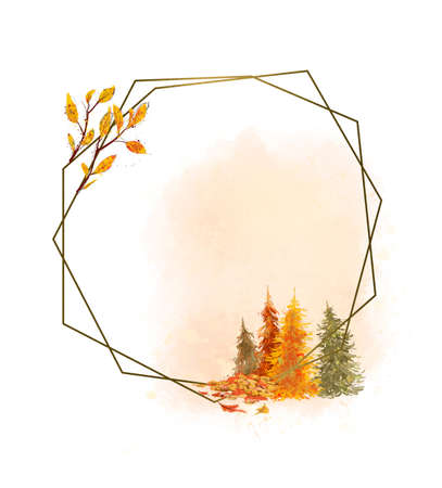 Artistic hand drawn watercolor illustration of beautiful geometric frame with fir tress and autumn leaves isolated. For cards, posters, prints, invitation design.の写真素材