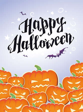 Happy Halloween poster, card, banner design template. Pumpkins, text congratulation, bats flying. Vector flat cartoon illustration for placard, party invitation, packaging, web.のイラスト素材
