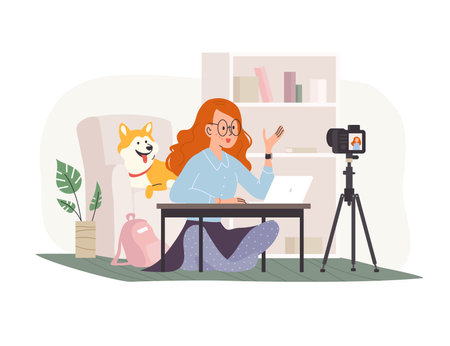 Vector illustration of young, teen girl recording video for her blog at laptop in her room. Kid blogger, vlog concept. Flat cartoon style.のイラスト素材
